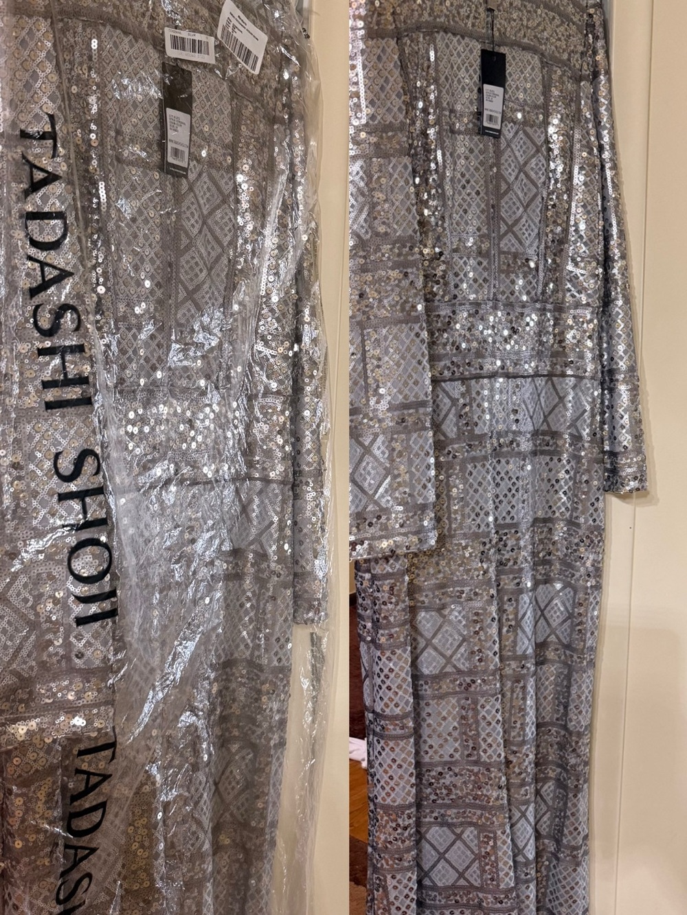 Tadashi Shoji Silver Long-Sleeve Sequin Dress